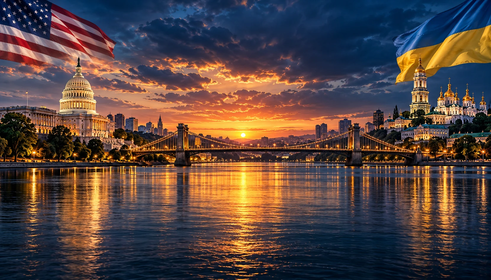 Illustrative international skyline connecting Ukraine and the United States