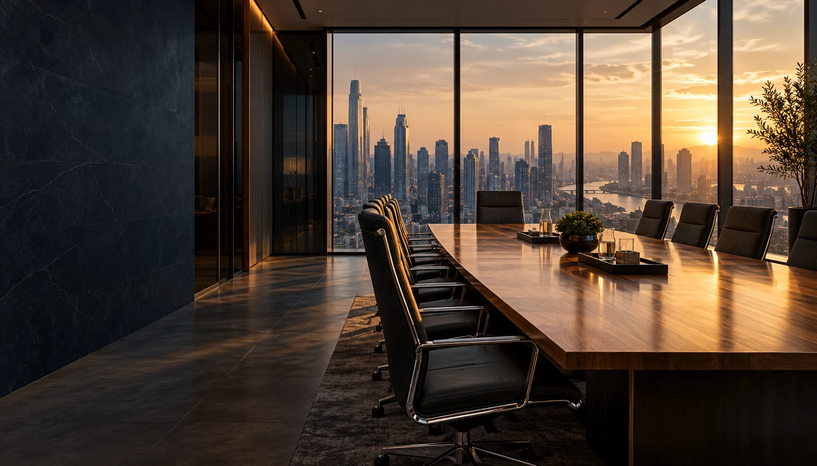 Illustrative boardroom overlooking an international city